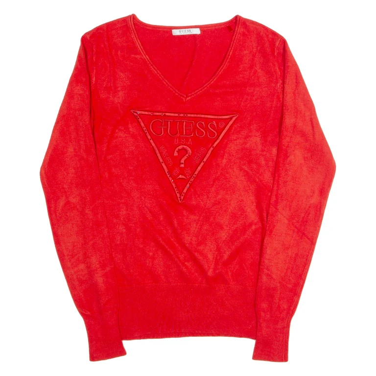 GUESS Womens Jumper Red V-Neck Tight Knit S