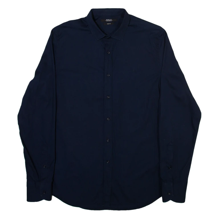 REPLAY Slim Fit Mens Plain Shirt Blue Long Sleeve M