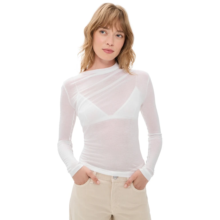 Helmut Lang Sheer Twist Long Sleeve Sheer Top Optic White XS