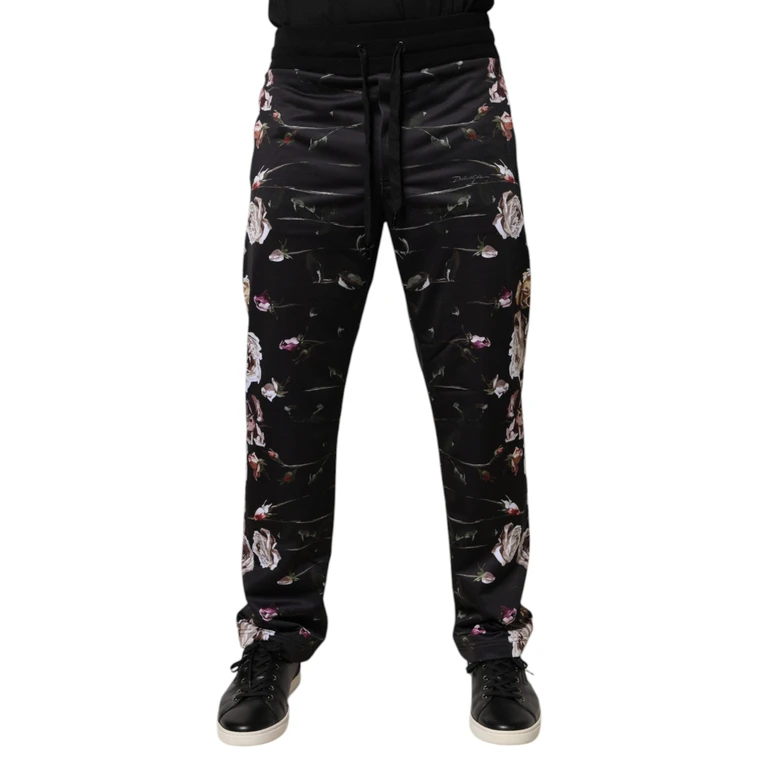 Dolce & Gabbana Black Floral Polyester Jogger Pants - Men