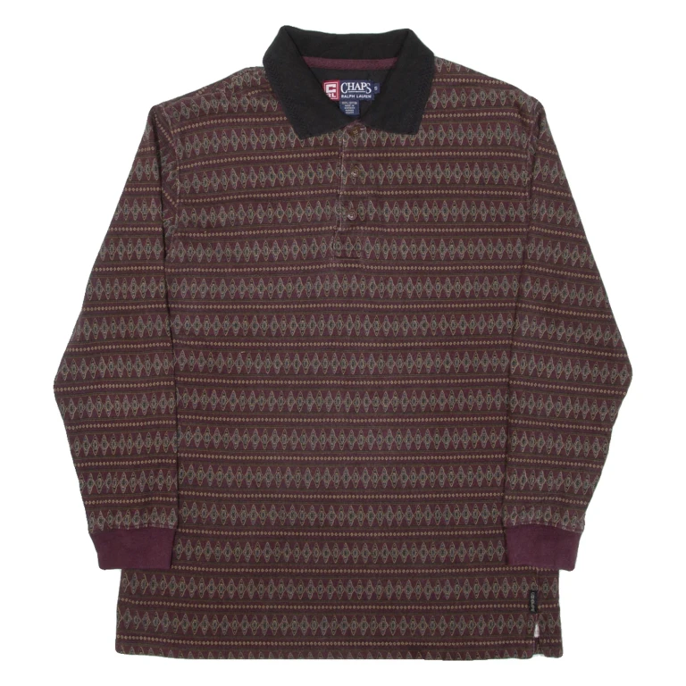 CHAPS RALPH LAUREN Mens Polo Shirt Maroon Crazy Pattern Long Sleeve S
