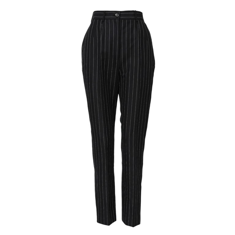 Dolce & Gabbana Black Stripes High Waist Tapered Pants Linen Cotton - Women