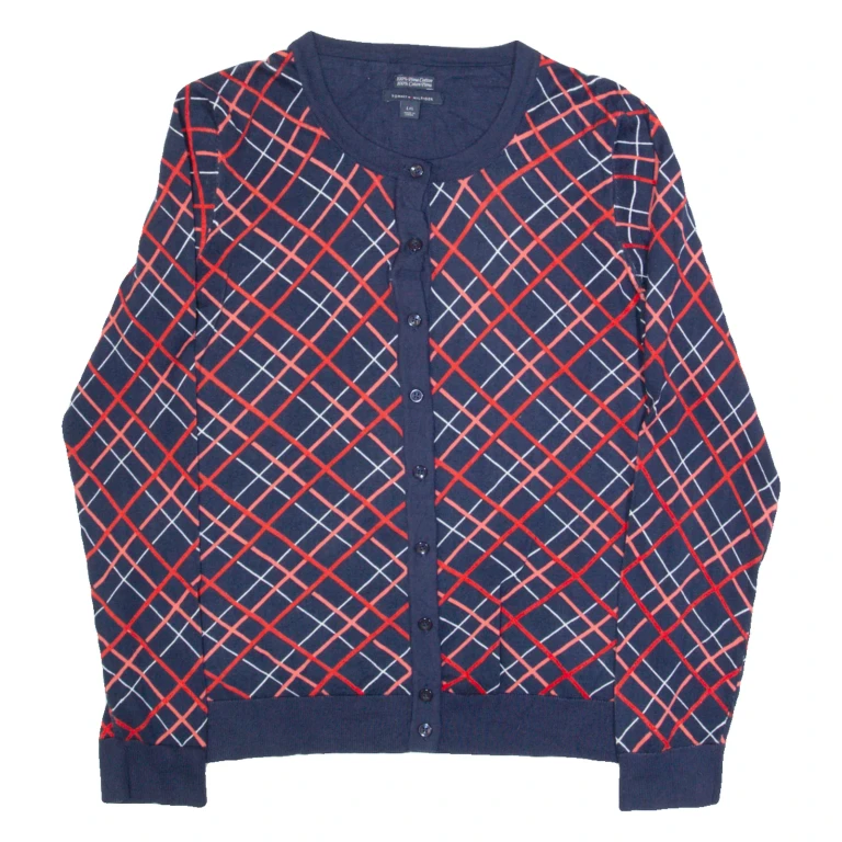 TOMMY HILFIGER Womens Patterned Cardigan Blue Check Tight Knit L