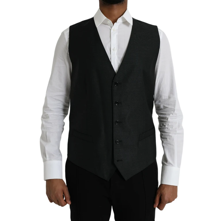 Dolce & Gabbana Black Wool Waistcoat Dress Formal Vest Virgin Silk - Men