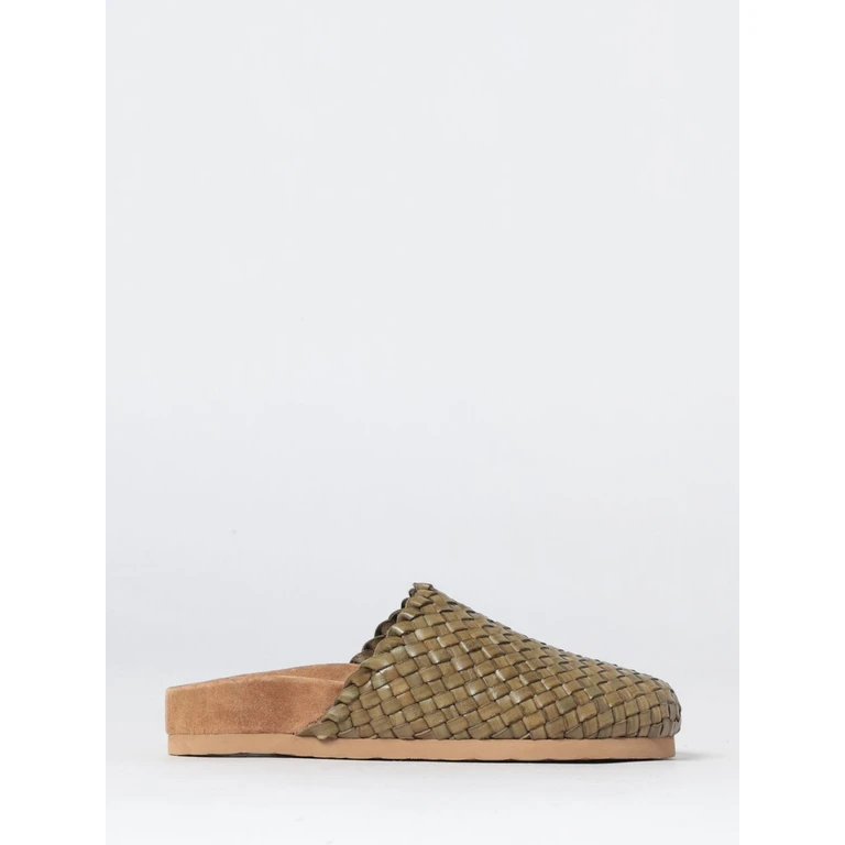 Woven Leather Sabot Mules with Low Heel and Round Toe (65110KHAKI)