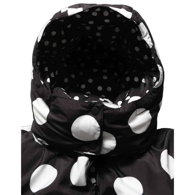 Black White Polka Dot Hooded Blouson Jacket Polyester Clothing - Women