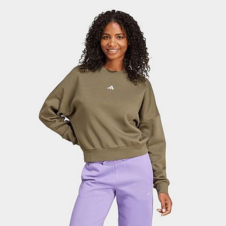 adidas Women's Sportswear Essentials Small Logo Feel Cozy Sweatshirt in Olive Strata/White Size: XS
