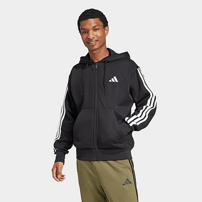 adidas Men's Essentials 3-Stripes Fleece Full-Zip Hoodie in Black/White Size: XS