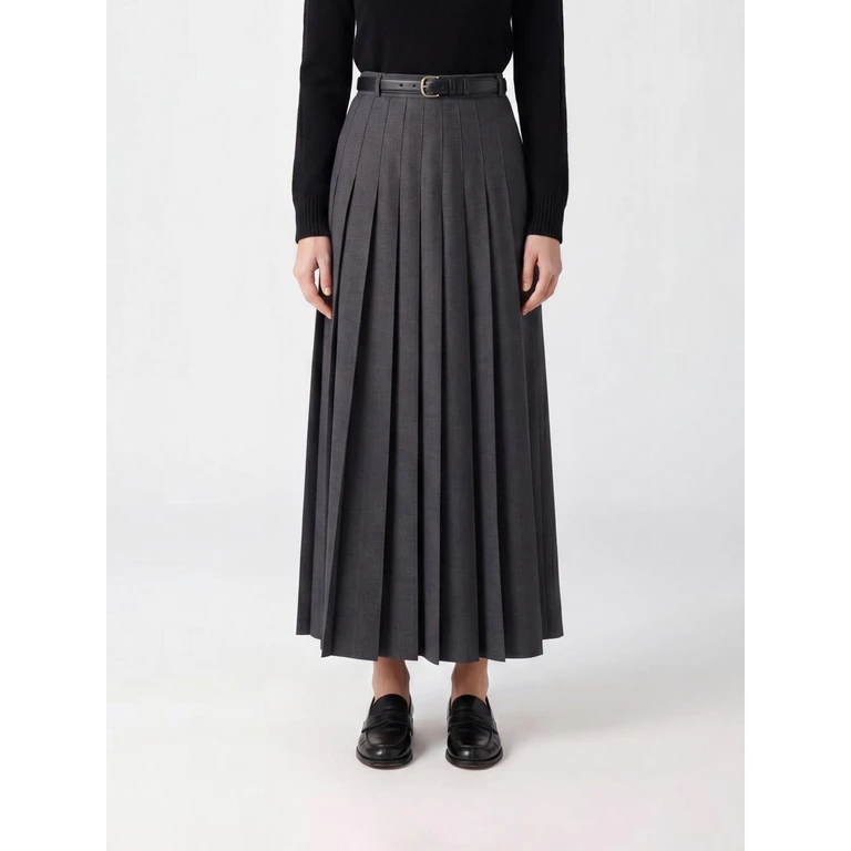 High-Waisted Pleated Wool-Blend Midi Skirt with Belt (PF26137XSKGRGREY)