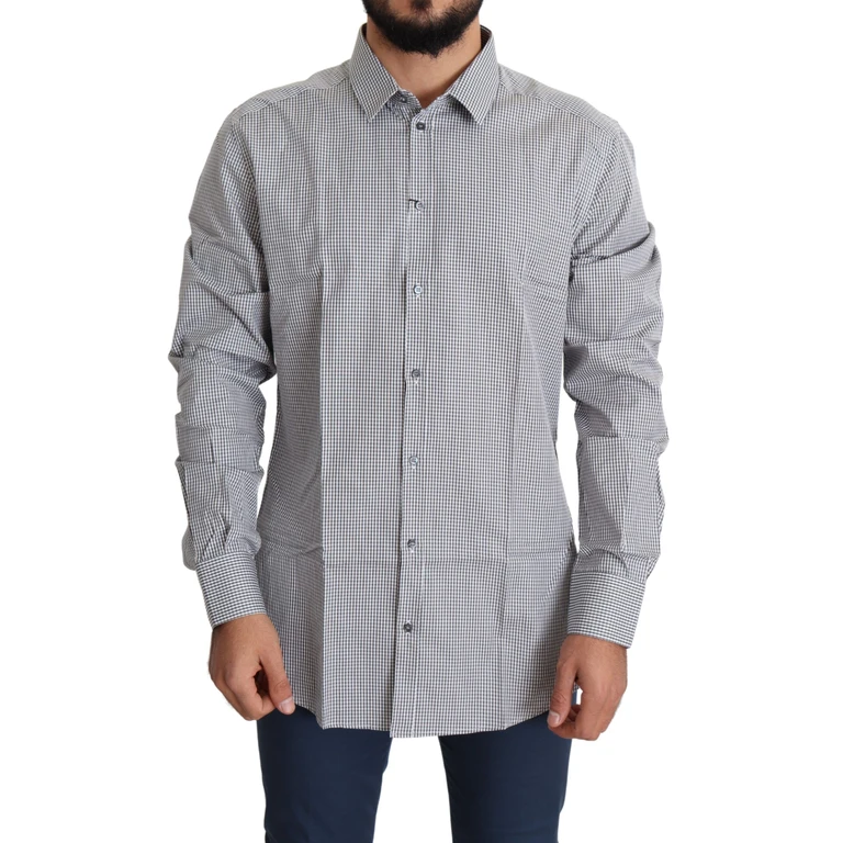 Black White Checkered Gold Dress Cotton Shirt - Men