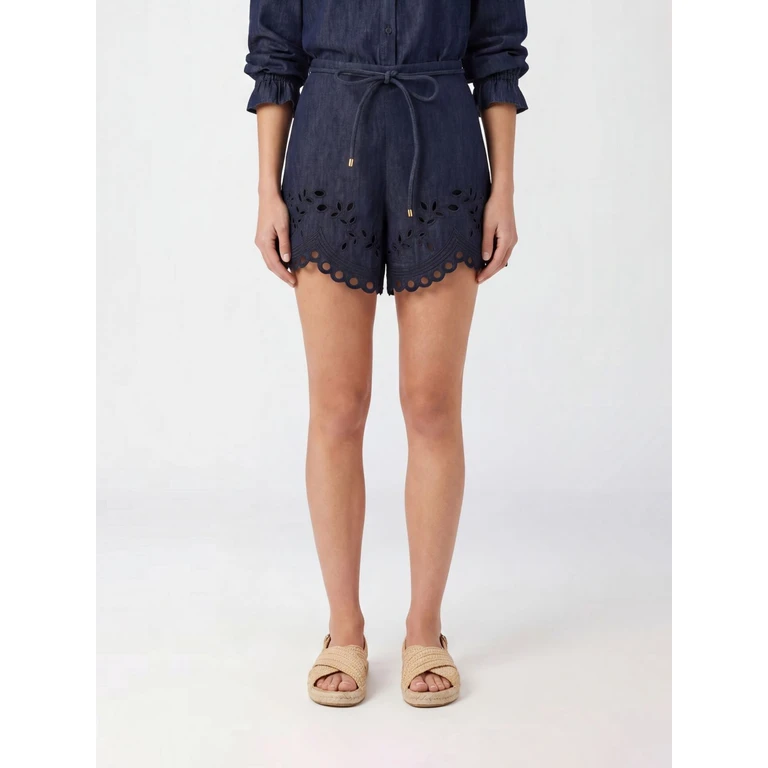 High-Waisted Cotton Denim Shorts with Lace Inserts (7283ASS263INK)