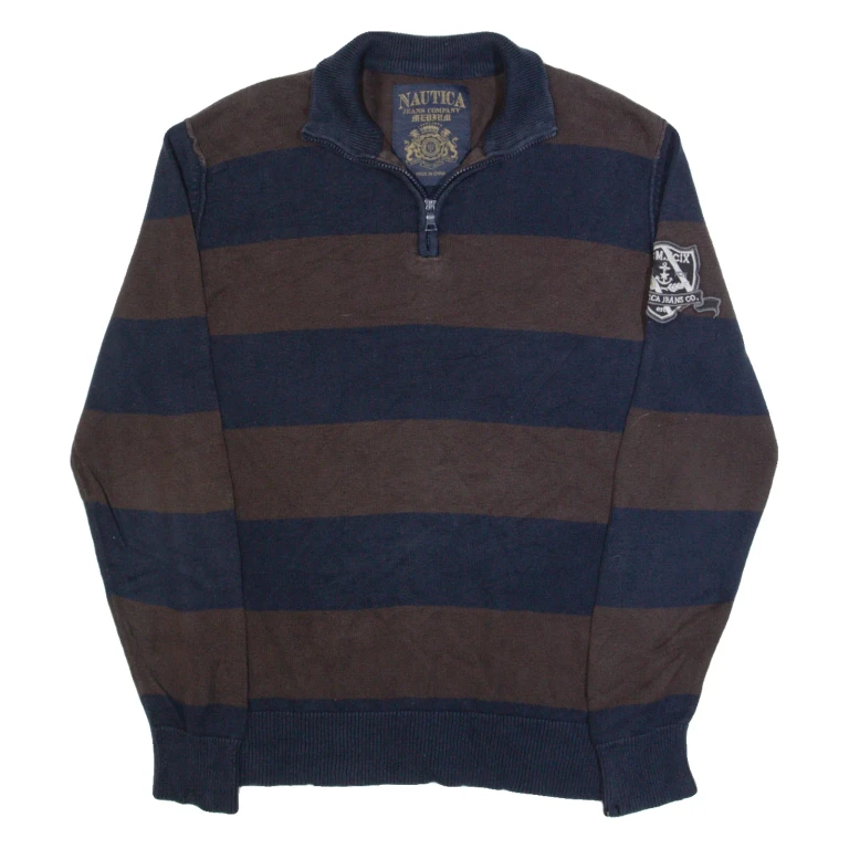 NAUTICA Mens Patterned Jumper Brown Striped 1/4 Zip Tight Knit M