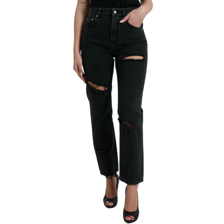 Dolce & Gabbana Black Cotton High Waist Tattered Denim Jeans Clothing - Women