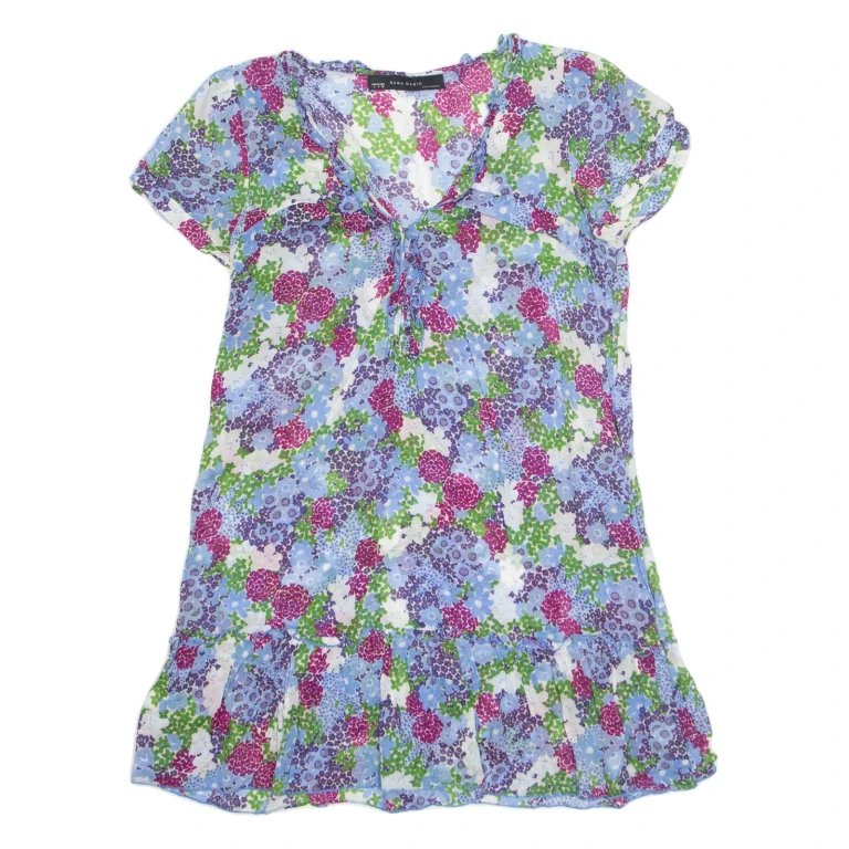 ZARA Womens Day Dress Blue Floral Short Sleeve Knee Length S