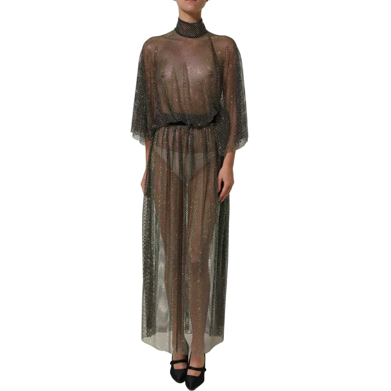 Dolce & Gabbana Black Rhinestone Mesh Turtleneck Maxi Dress Polyester - Women