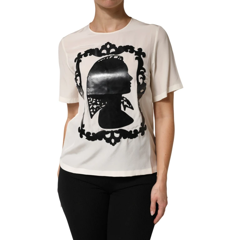 Dolce & Gabbana Cream Silk Silhouette Detail Short Sleeve Top - Women