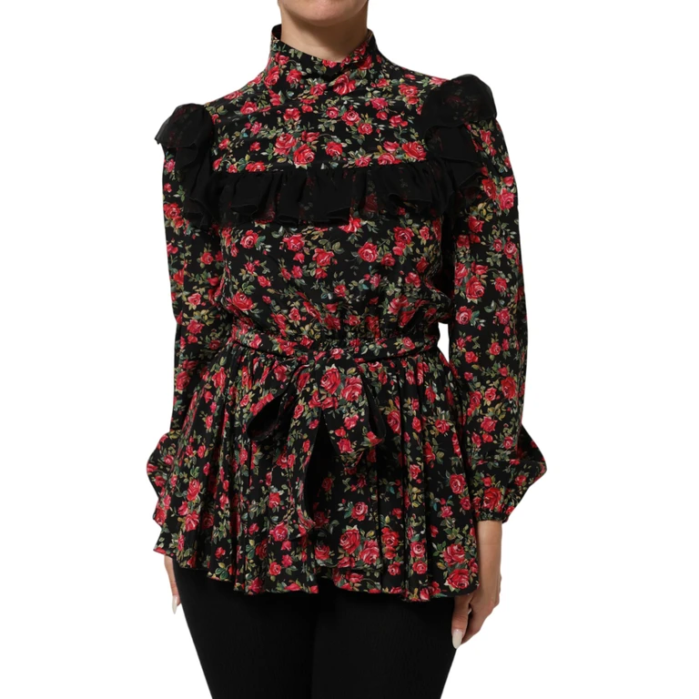 Dolce & Gabbana Black Floral Print Long Sleeve Blouse Top - Women