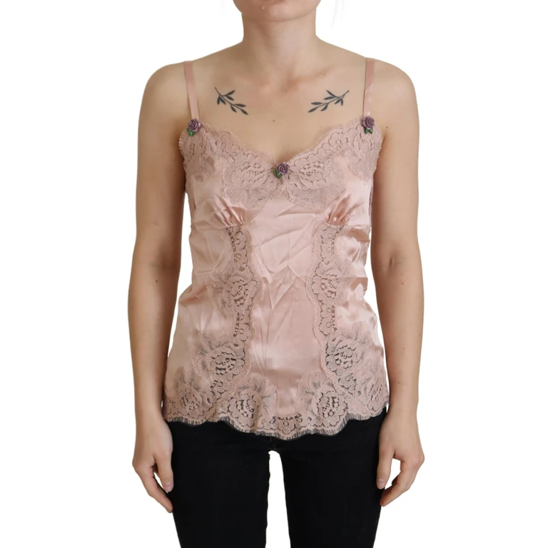 Pink Satin Lace Roses Tank Top Lingerie Cotton - Women