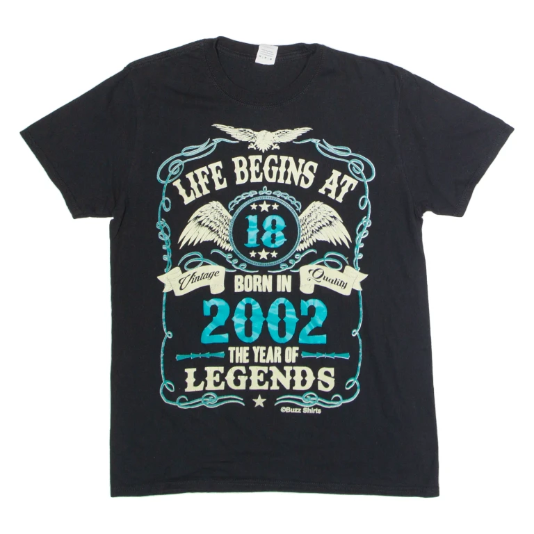 GILDAN Life Begins At 18 Born In 2002 Birthday Mens T-Shirt Black Crew Neck M