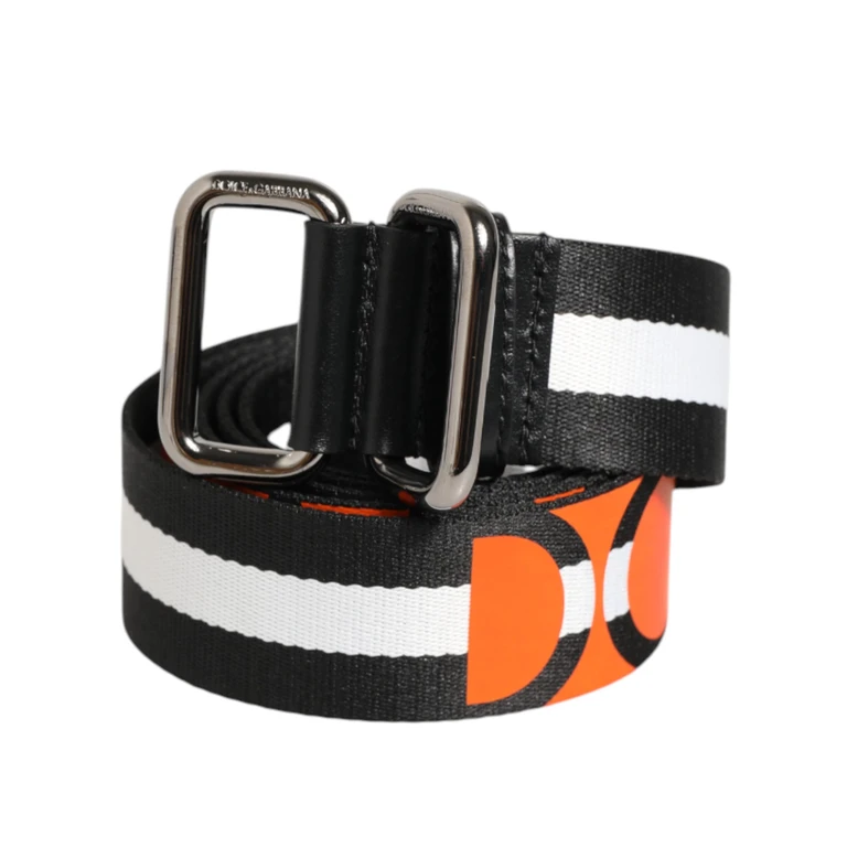 Black White Striped Logo Metal Buckle Belt And Nylon Calf Leather - Men