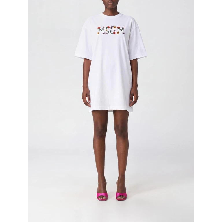 MSGM Cotton Mini T-Shirt Dress with Contrast Logo and Dropped Shoulders (4041MDA82N26700201)