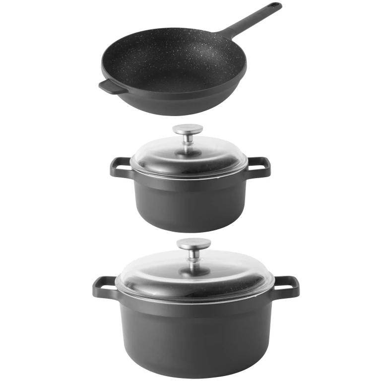 GEM 5Pc Nonstick Cast Aluminum Wok and Stockpots Cookware Set, Glass Lids