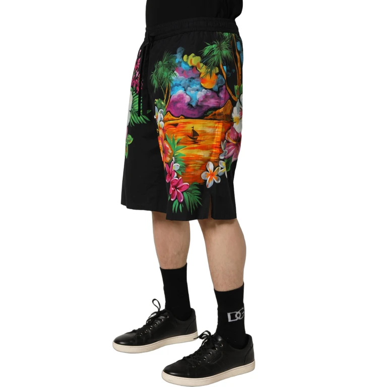 Black Cotton Tropical Floral Bermuda Shorts - Men