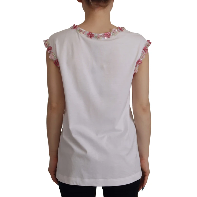 Dolce & Gabbana White Dg Crown Floral Sequin T-Shirt Cotton - Women