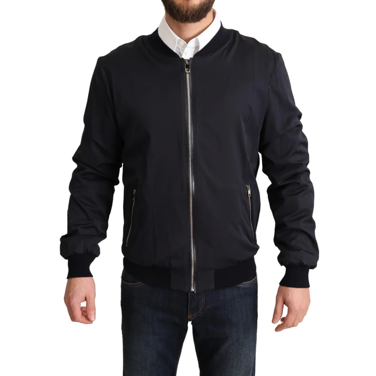 Dolce & Gabbana Blue Silk Coat Short Bomber Men Jacket - Men