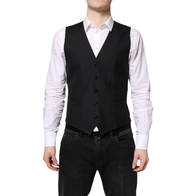 Dolce & Gabbana Black Wool Waistcoat Dress Formal Vest Virgin Silk - Men