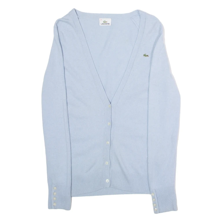 LACOSTE Womens Cardigan Blue V-Neck Tight Knit Wool UK 10