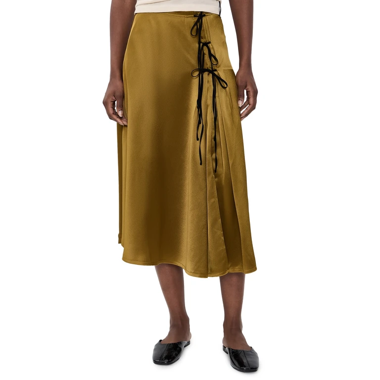 Falda Midi de Satén Fluido con Lazada Ecru Olive