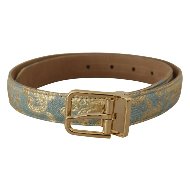Dolce & Gabbana Blue Leather Jacquard Embossed Gold Metal Buckle Belt Light Canvas - Women