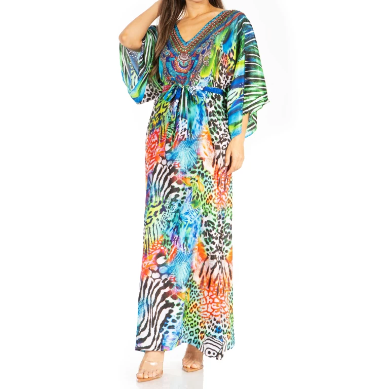 Sakkas Maribel Maxi Caftan Dress - Women's V-Neck, Short Sleeves