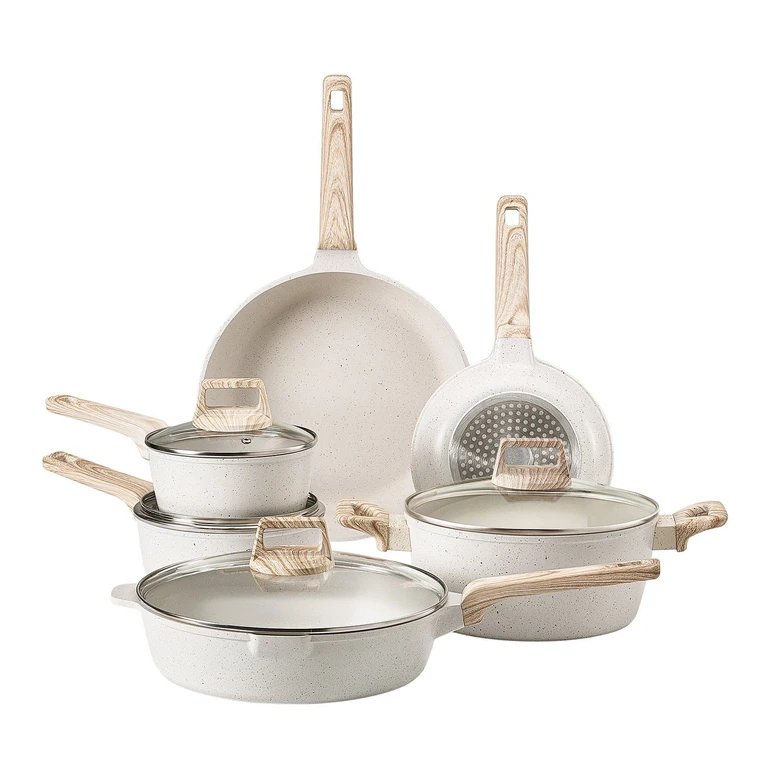 17 Piece Pots and Pans Set Granite Nonstick Kitchen Cookware Induction White - White