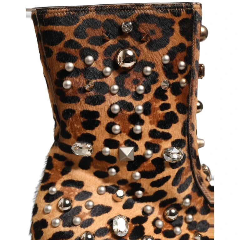 Dolce & Gabbana Brown Leopard Embellished Mid Calf Men Boots Shoes Leather - Men