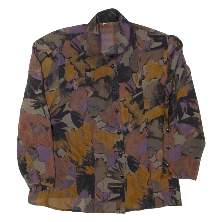 Womens Printed Blouse Brown High Neck Long Sleeve Floral M