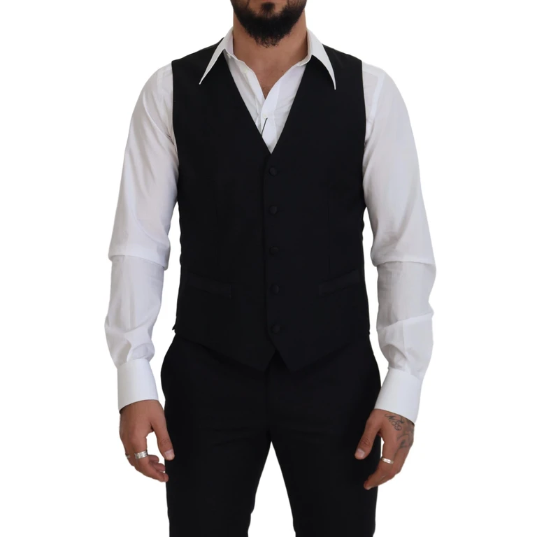 Dolce & Gabbana Black Virgin Wool Waistcoat Formal Dress Vest - Men