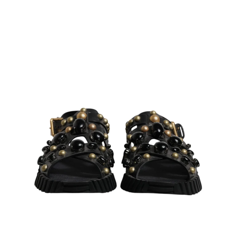 Black Leather Studded Slides Sandals Shoes Calfskin - Men