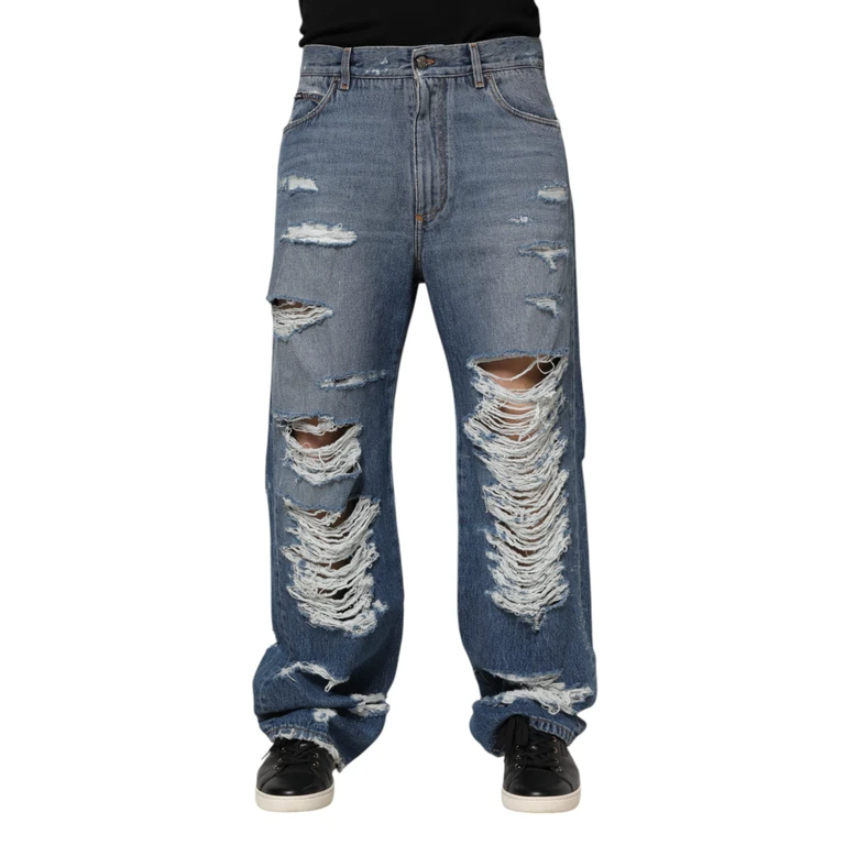 Dolce & Gabbana Blue Tattered Cotton Logo Plaque Denim Jeans Elastane Clothing - Men