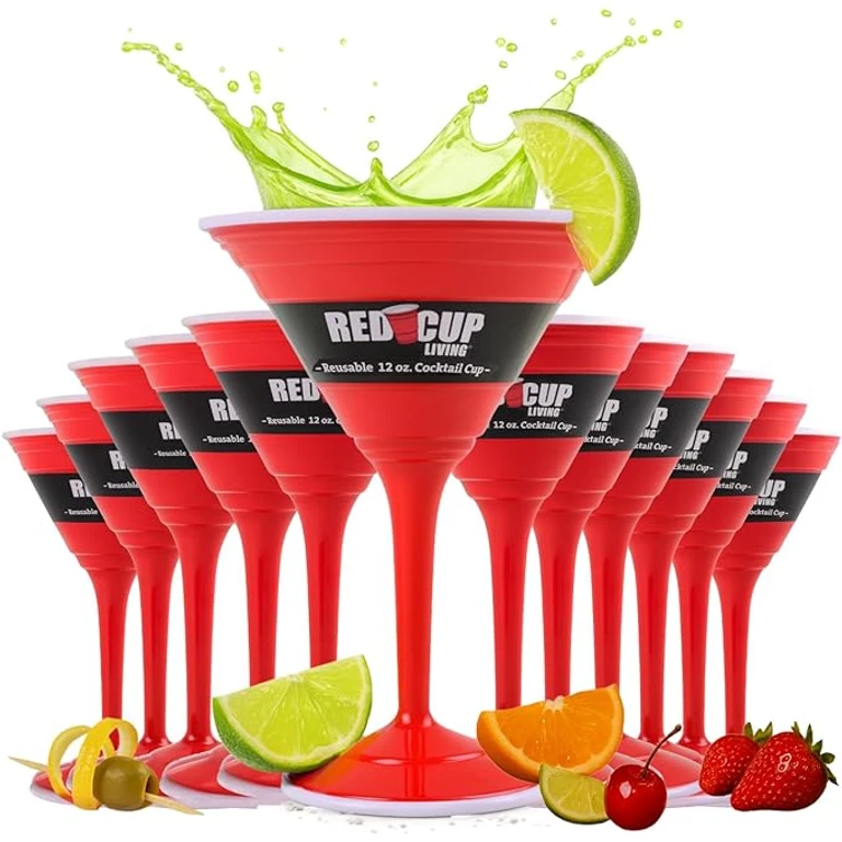 Reusable Red Plastic Cocktail Glasses with Stem, 12oz, Unique Drinking Glasses for Parties, Durable Champagne Flutes, Sturdy Stem Glass for Wine, Elegantes Copas De Vino, Pack of 12