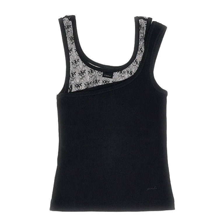 PINKO Ribbed jersey and Love Birds lace tank top Woman XS