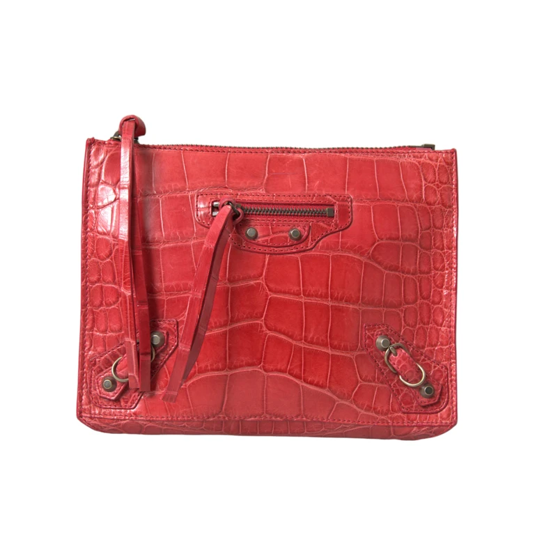 Red Exotic Skin Leather Classic Pouch Purse Wristlet Bag Alligatorskin - Women