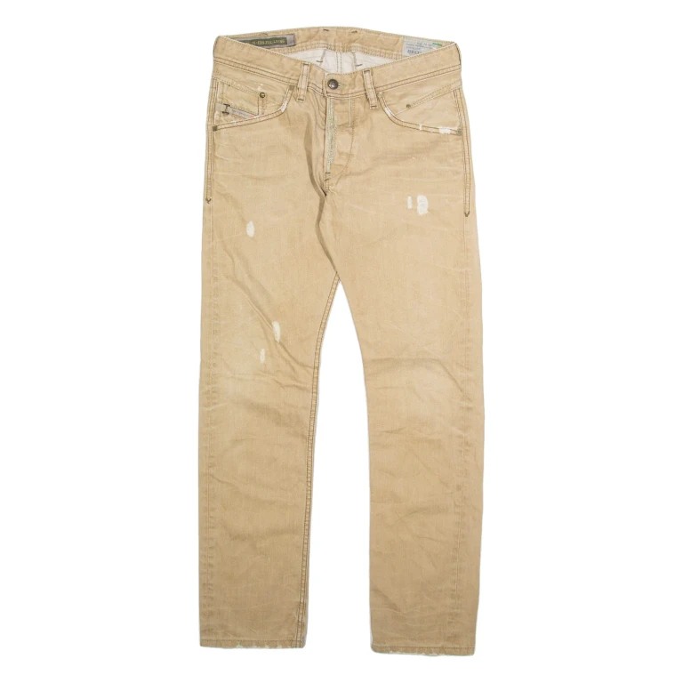 DIESEL Distressed Pleather Womens Jeans Beige Slim Straight W28 L30