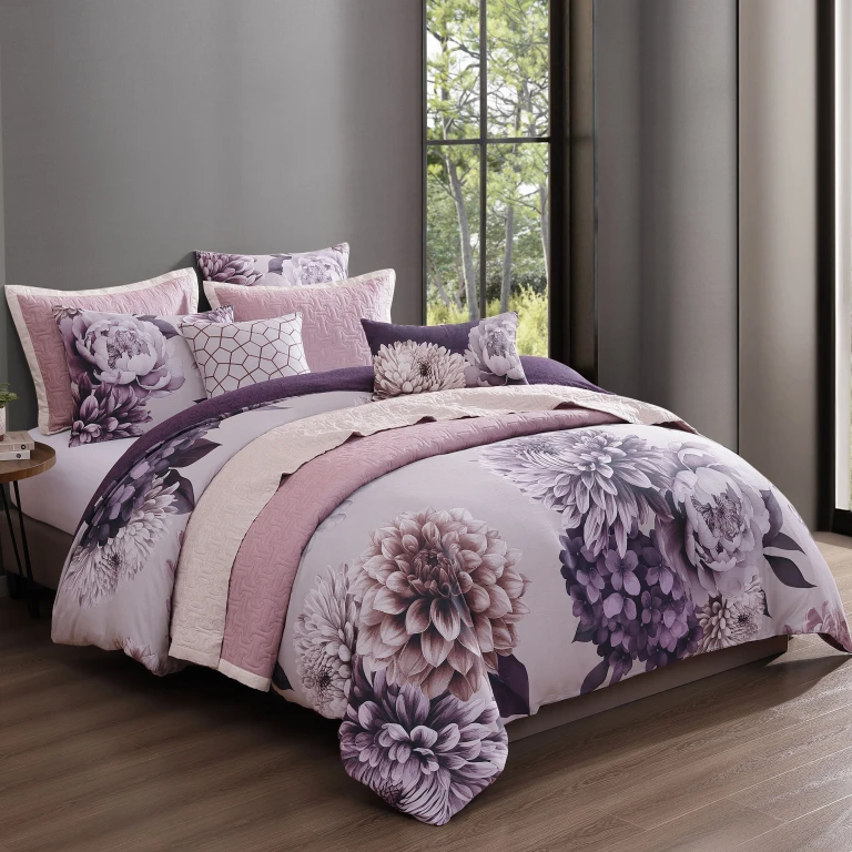 Plum Petal 8 Piece Reversible Comforter & Coverlet Set