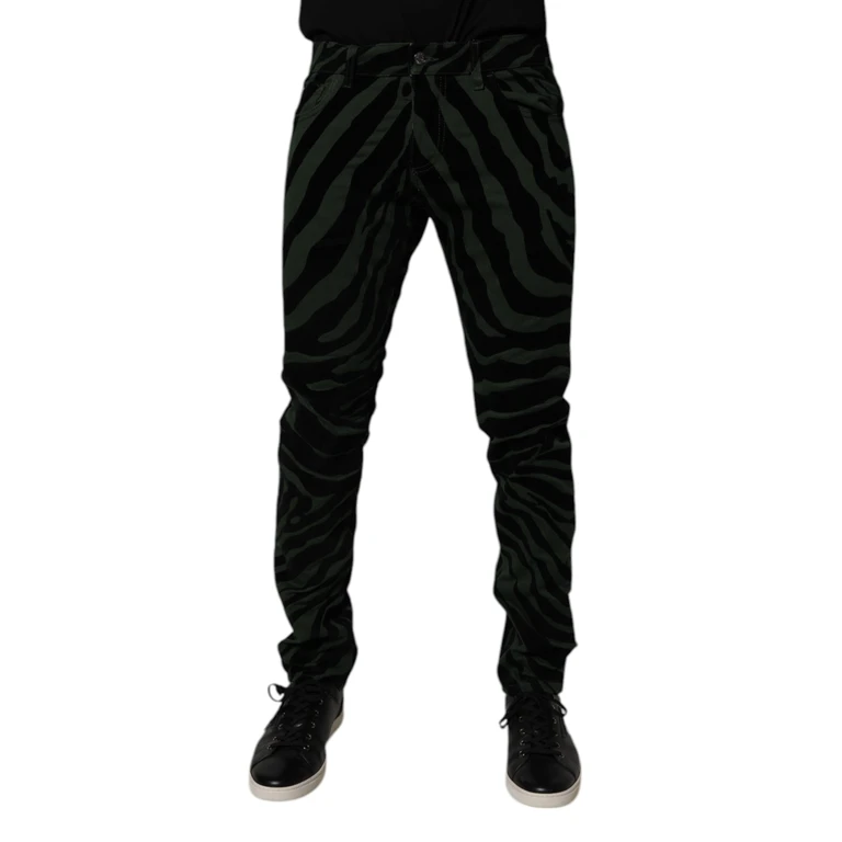 Black Green Stripes Cotton Skinny Denim Jeans And Elastane Clothing - Men