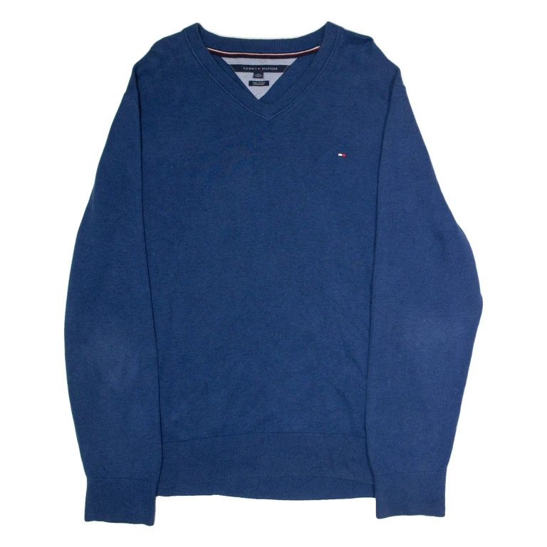 TOMMY HILFIGER Mens Jumper Blue V-Neck Tight Knit 2XL
