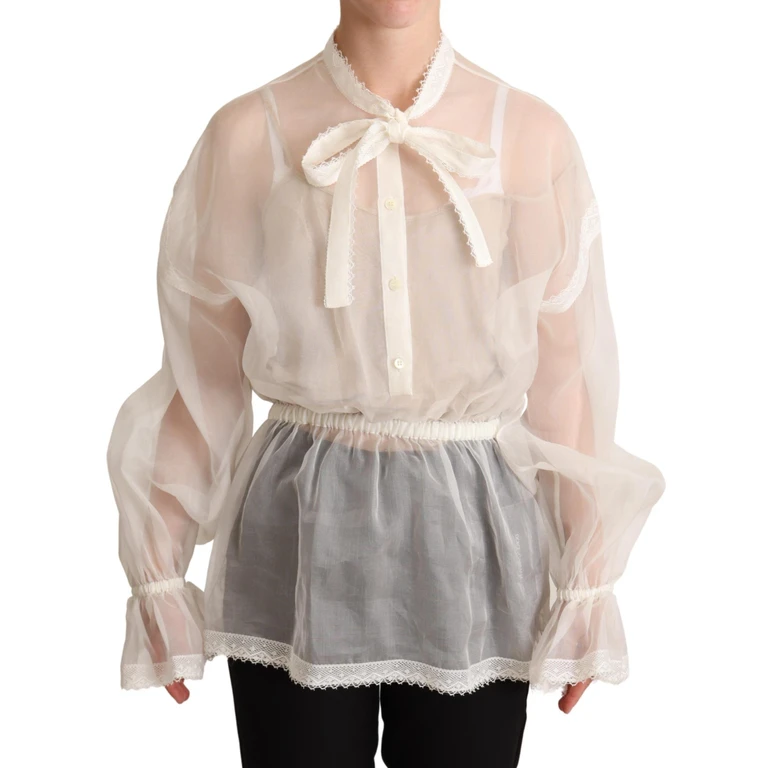 Dolce & Gabbana White Ascot Collar Long Sleeves Blouse Top Silk Cotton - Women