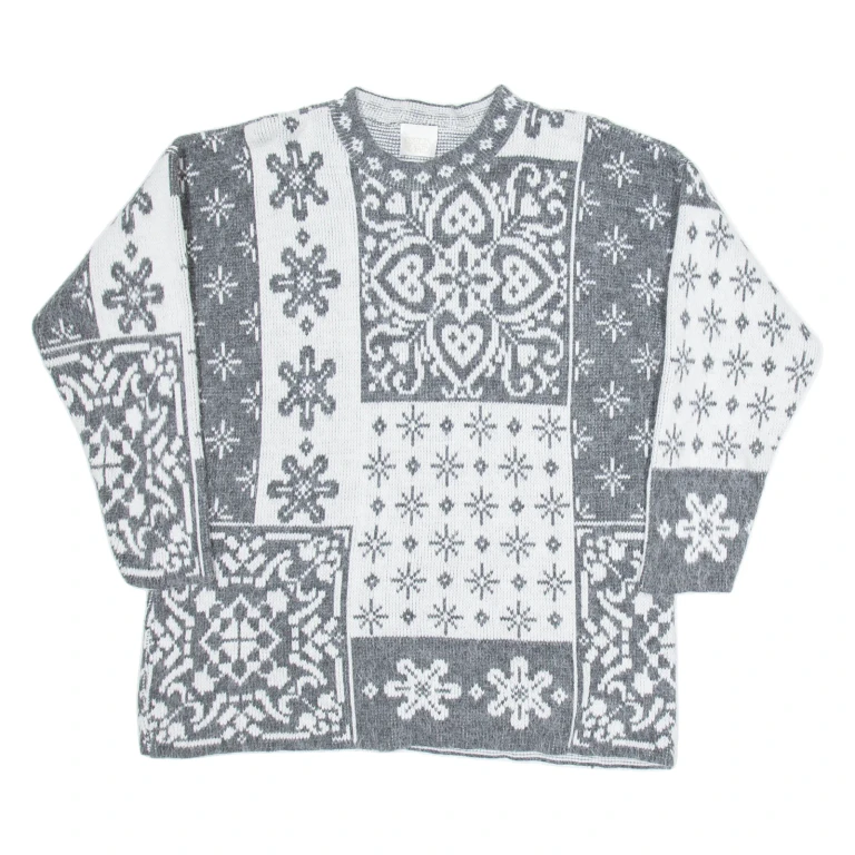 NEEDLE & YARN Womens Patterned Jumper Grey Crazy Pattern Tight Knit L