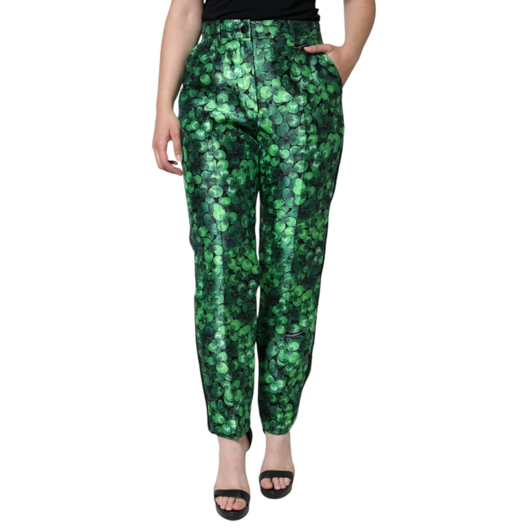 Dolce & Gabbana Green Clover Silk Satin High Waist Tapered Pants Polyester - Women